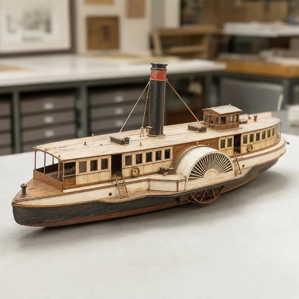 Victorian river ferry model — a paddle steamer scale model from the Riverside Heritage Trust collection.