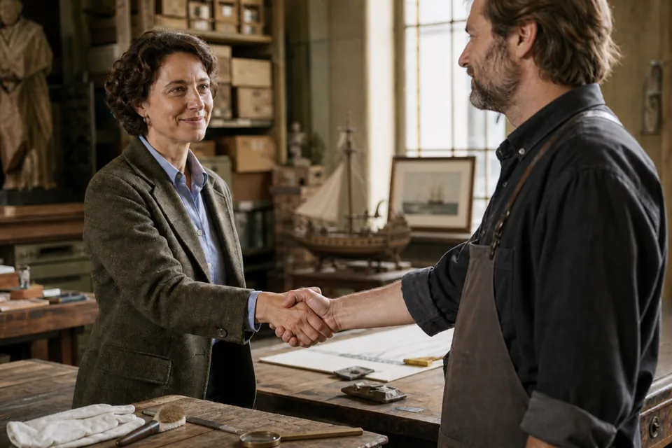 A curator and a restoration specialist shaking hands in a museum conservation workroom.
